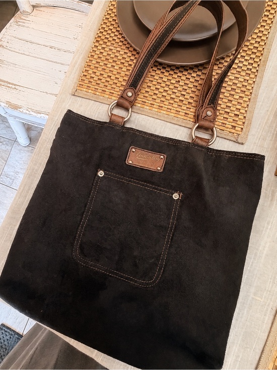 UNIONBAY Handbags - Vintage 2000s Unionbay Black Suede Shoulder Tote Bag Brown Leather Trim Y2K